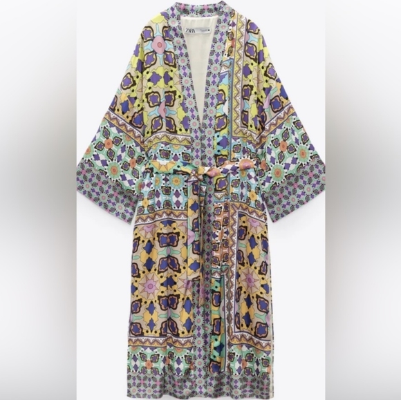 Zara Satin Multicolor Long Kimono Robe - Picture 3 of 9